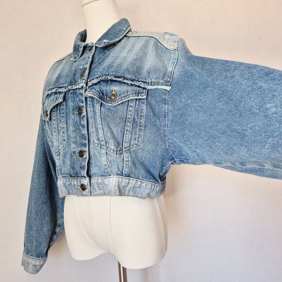 Free People Bedford Cropped Denim Jacket Distressed Medium Wash Cotton - Picture 5 of 16